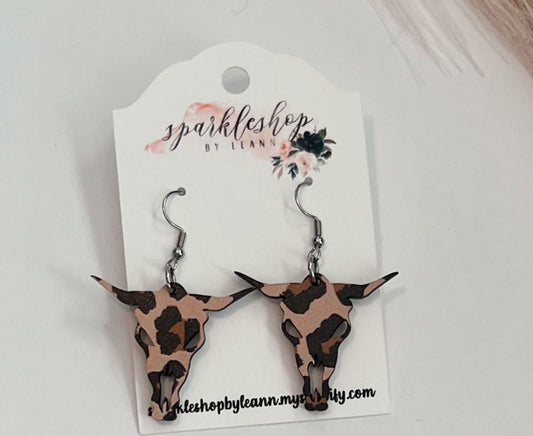 Leopard Bull Skull Earrings