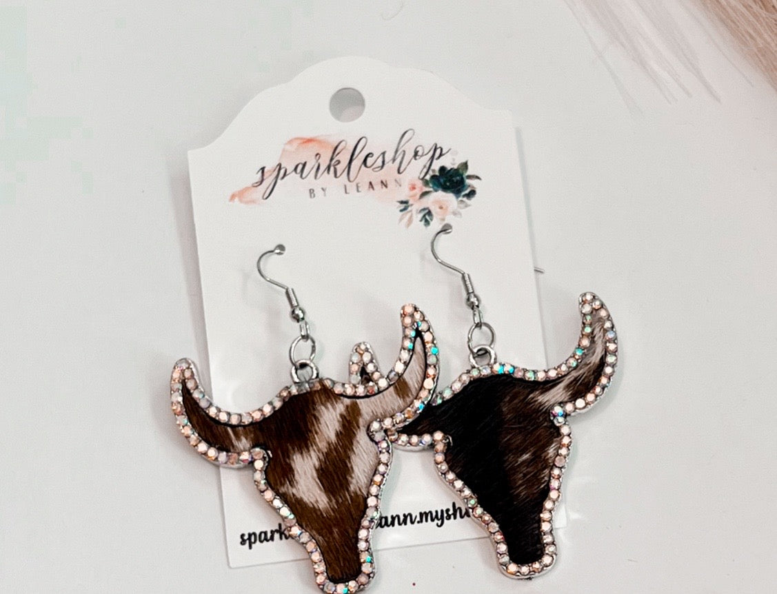 Western Style Cowboy Rhinestone Cowhide Cowhead Earrings