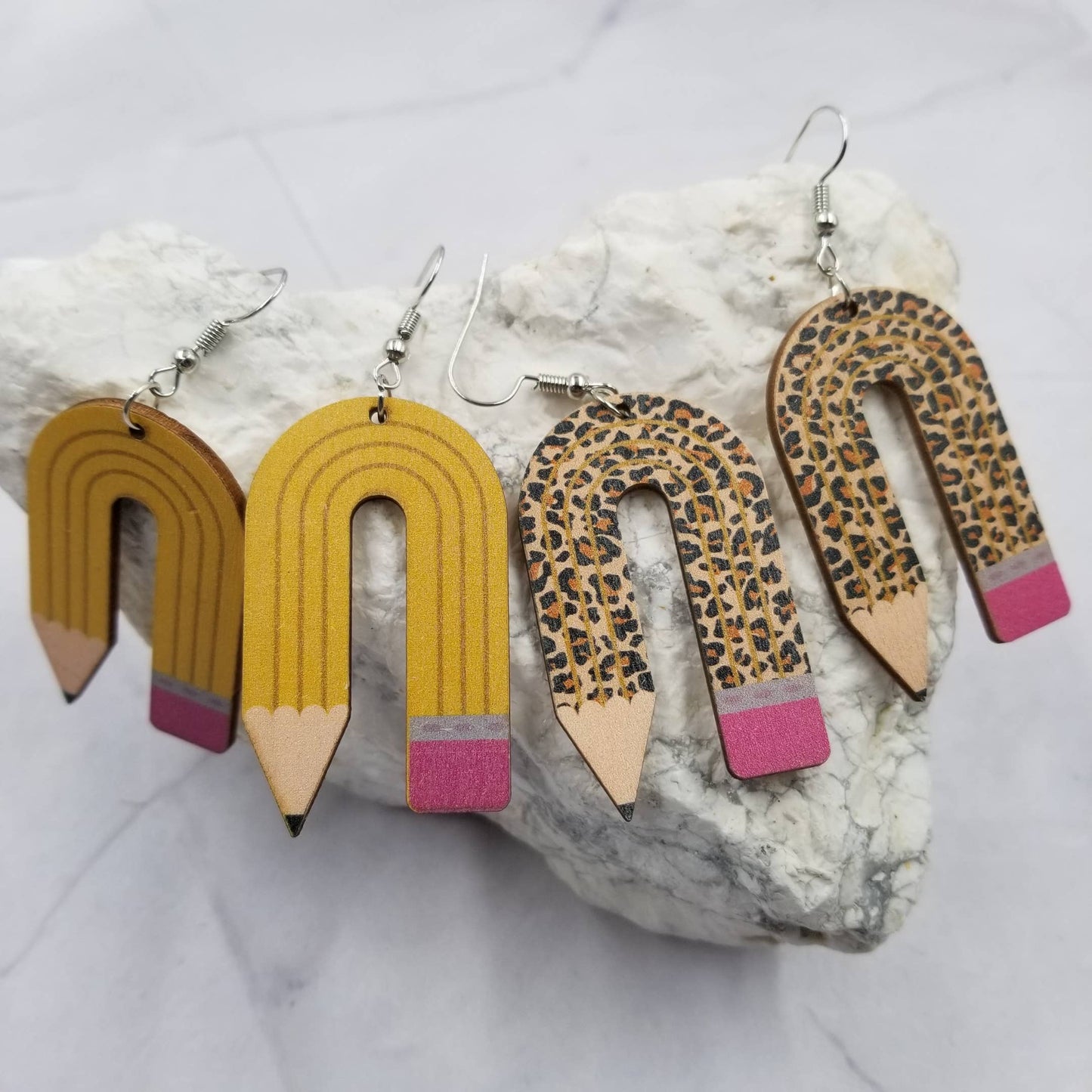 Handmade Wood Leopard Teacher Pencil Earrings