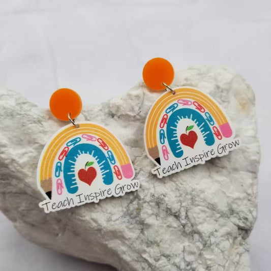 Teach Inspire Grow Pencil Rainbow Earrings